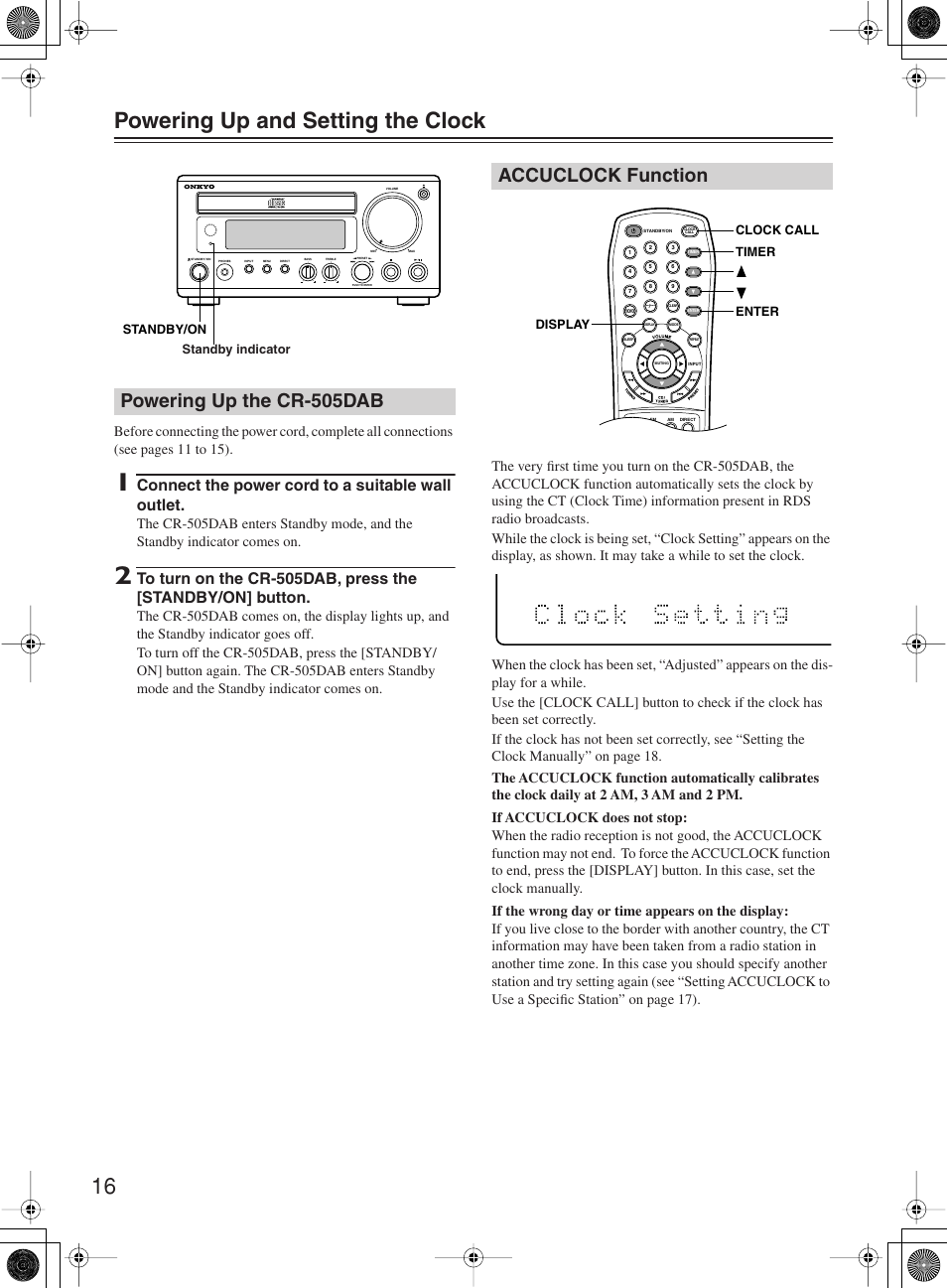 16 powering up and setting the clock, Powering up the cr-505dab, Accuclock function | Connect the power cord to a suitable wall outlet | Onkyo CR-505DA User Manual | Page 16 / 40