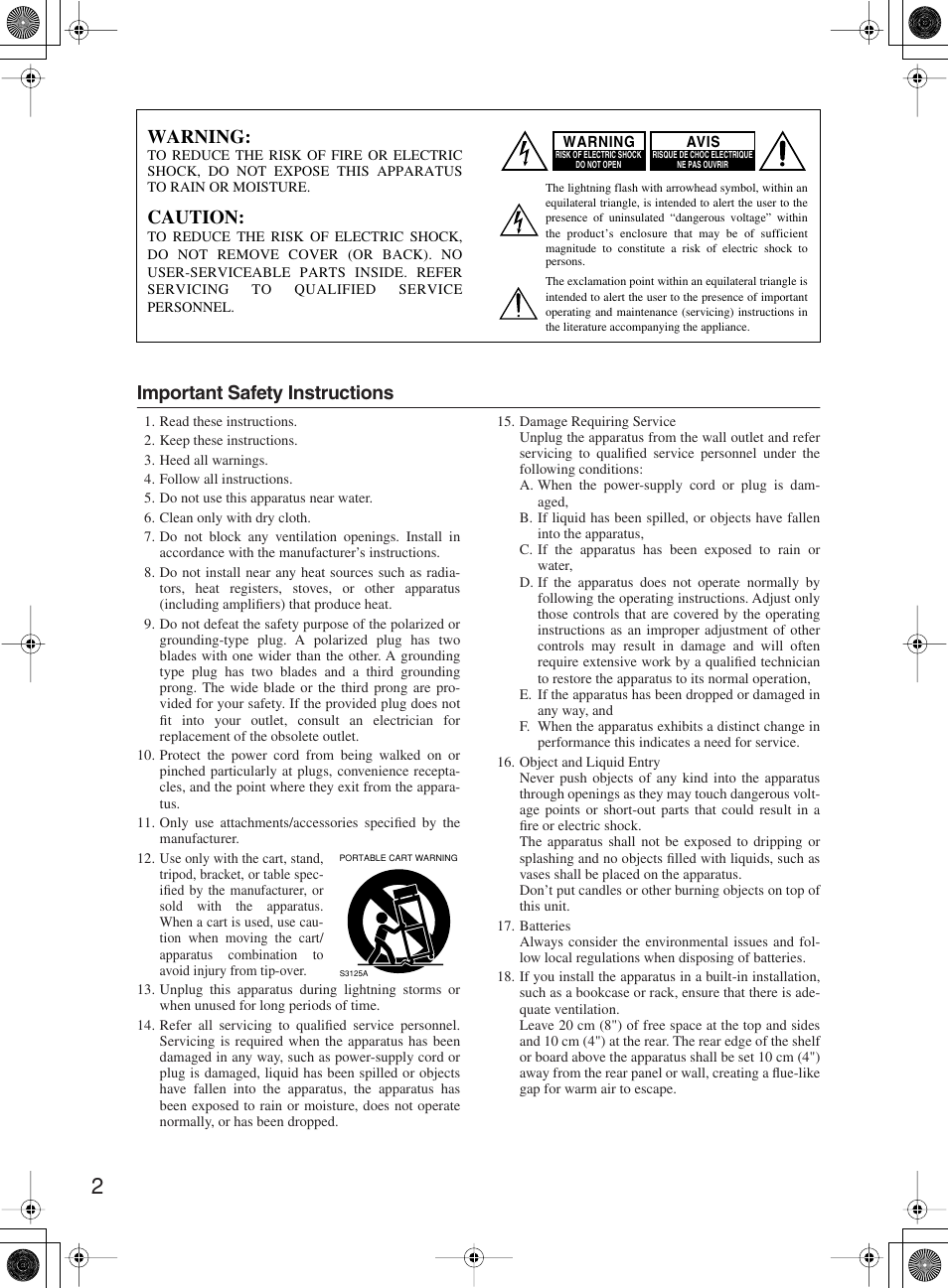 Important safety instructions, Warning, Caution | Onkyo CR-505DA User Manual | Page 2 / 40