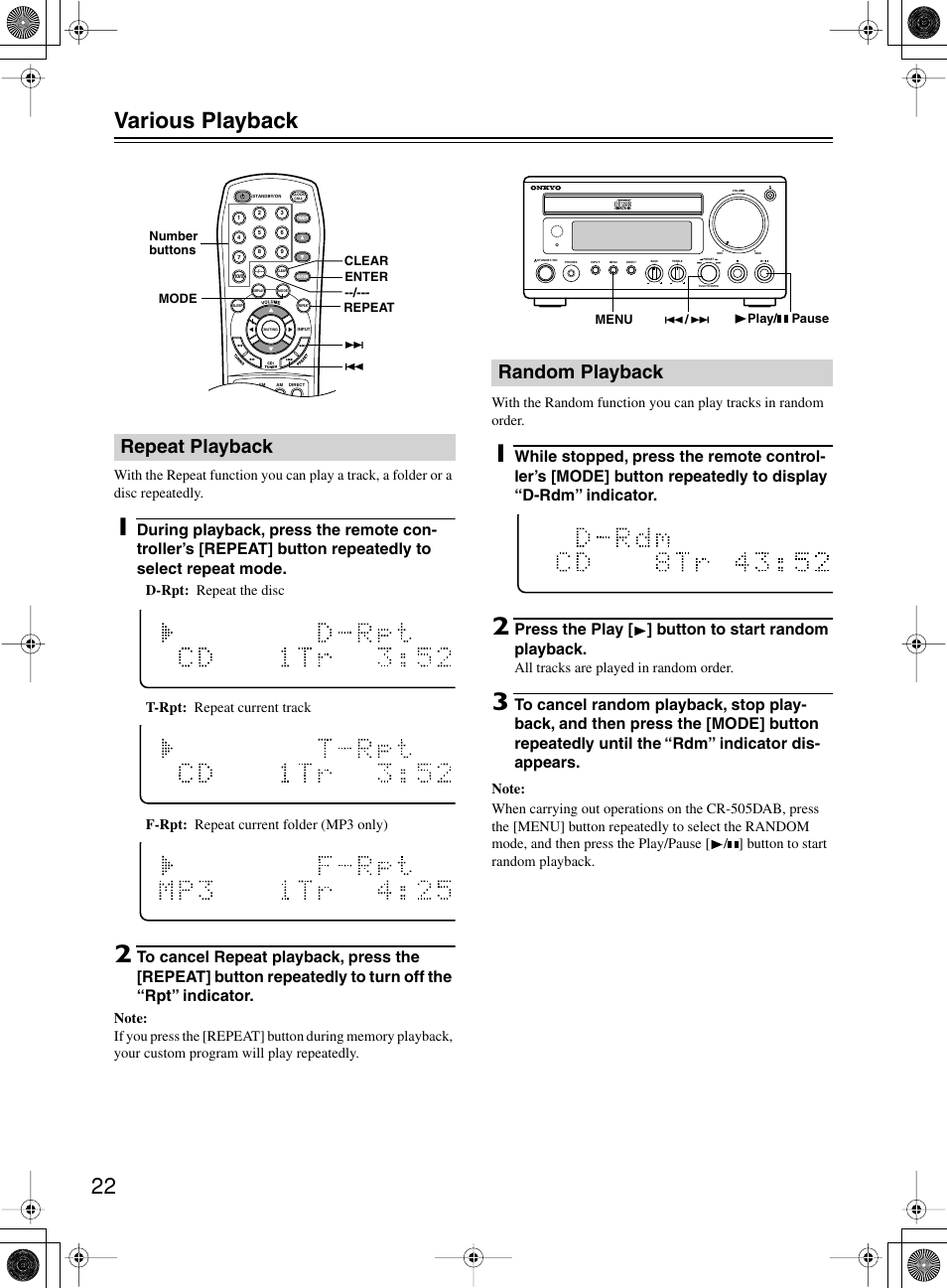 22 various playback, Repeat playback, Random playback | Press the play [ ] button to start random playback | Onkyo CR-505DA User Manual | Page 22 / 40