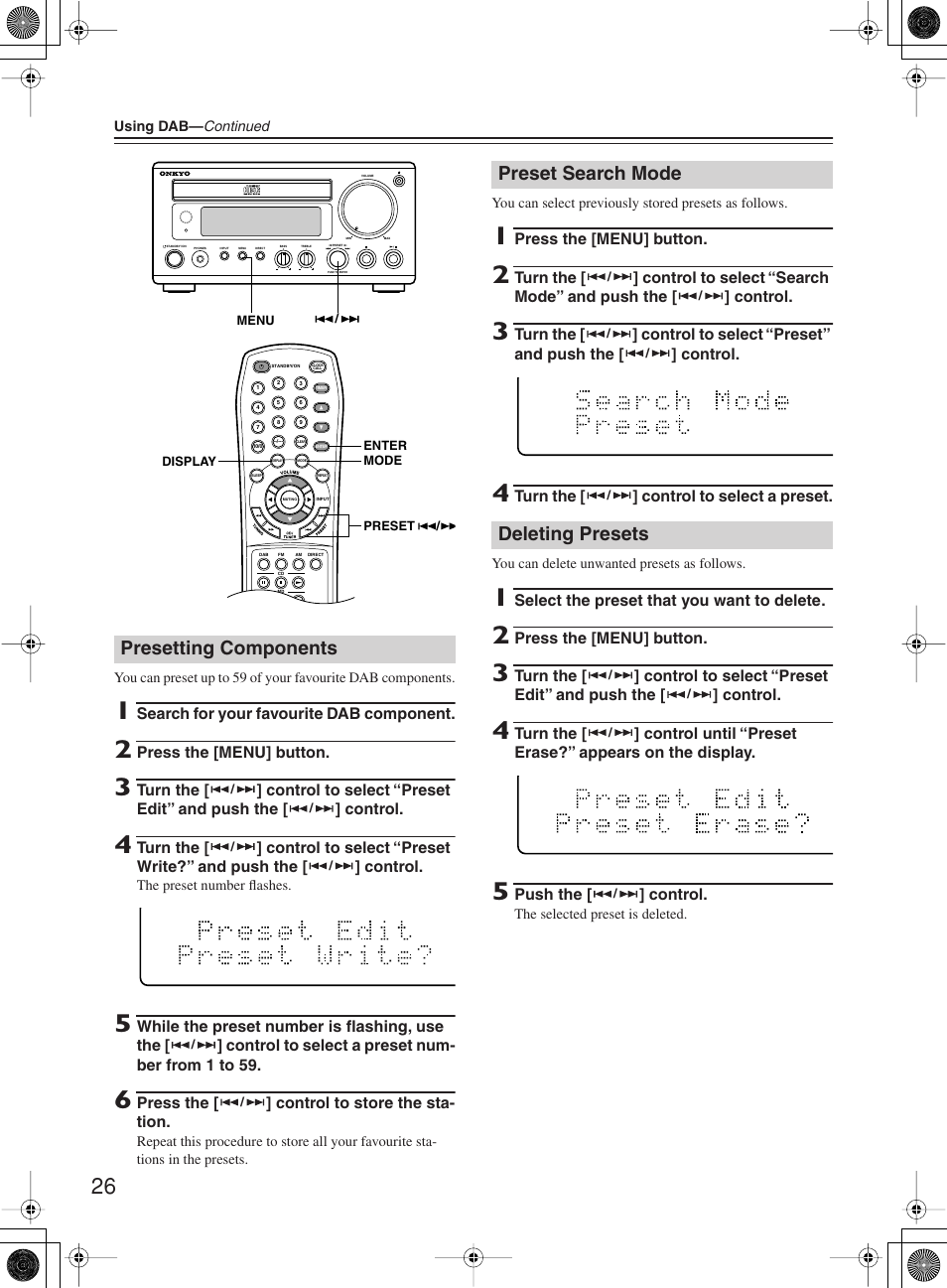 Presetting components, Preset search mode deleting presets | Onkyo CR-505DA User Manual | Page 26 / 40
