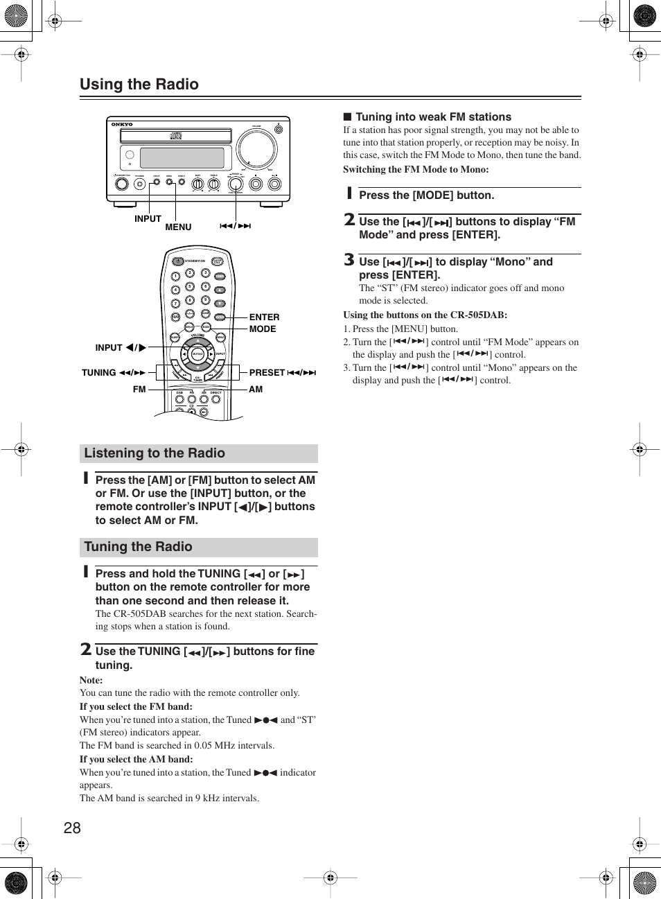 28 using the radio, Listening to the radio tuning the radio | Onkyo CR-505DA User Manual | Page 28 / 40