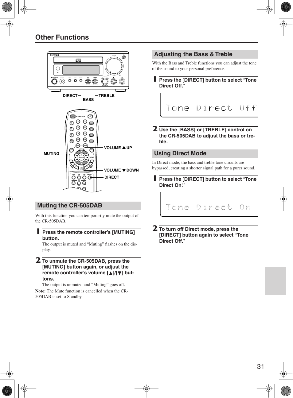 31 other functions, Muting the cr-505dab, Adjusting the bass & treble using direct mode | Press the remote controller’s [muting] button | Onkyo CR-505DA User Manual | Page 31 / 40