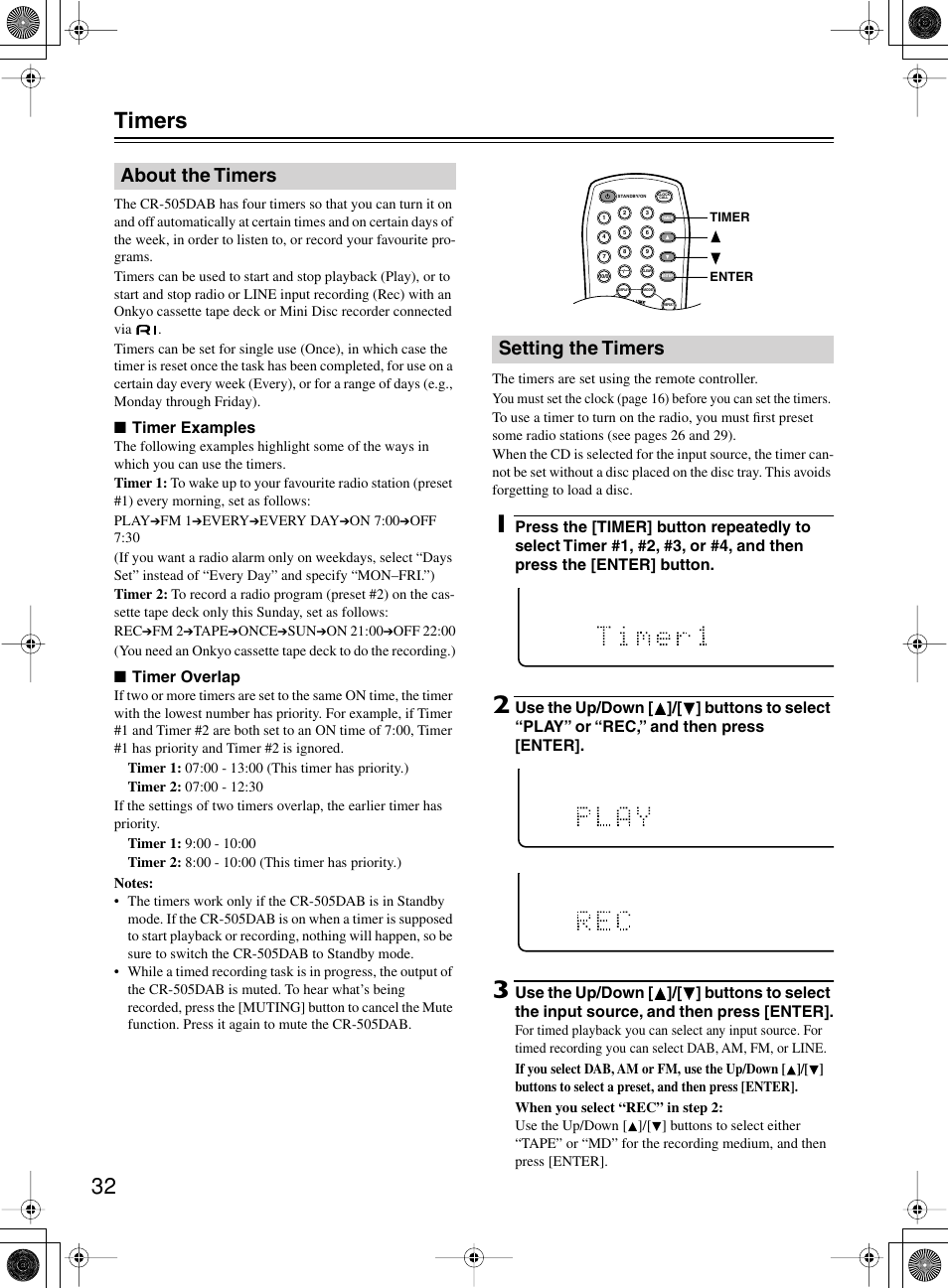 32 timers, About the timers setting the timers | Onkyo CR-505DA User Manual | Page 32 / 40