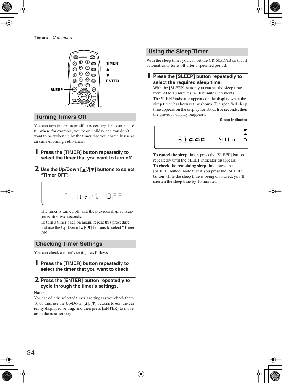 Turning timers off checking timer settings, Using the sleep timer | Onkyo CR-505DA User Manual | Page 34 / 40