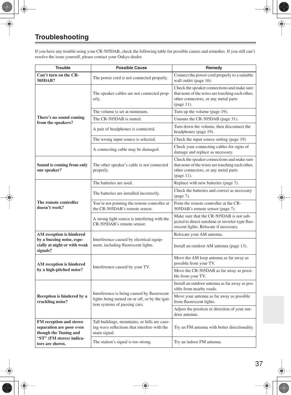 37 troubleshooting | Onkyo CR-505DA User Manual | Page 37 / 40