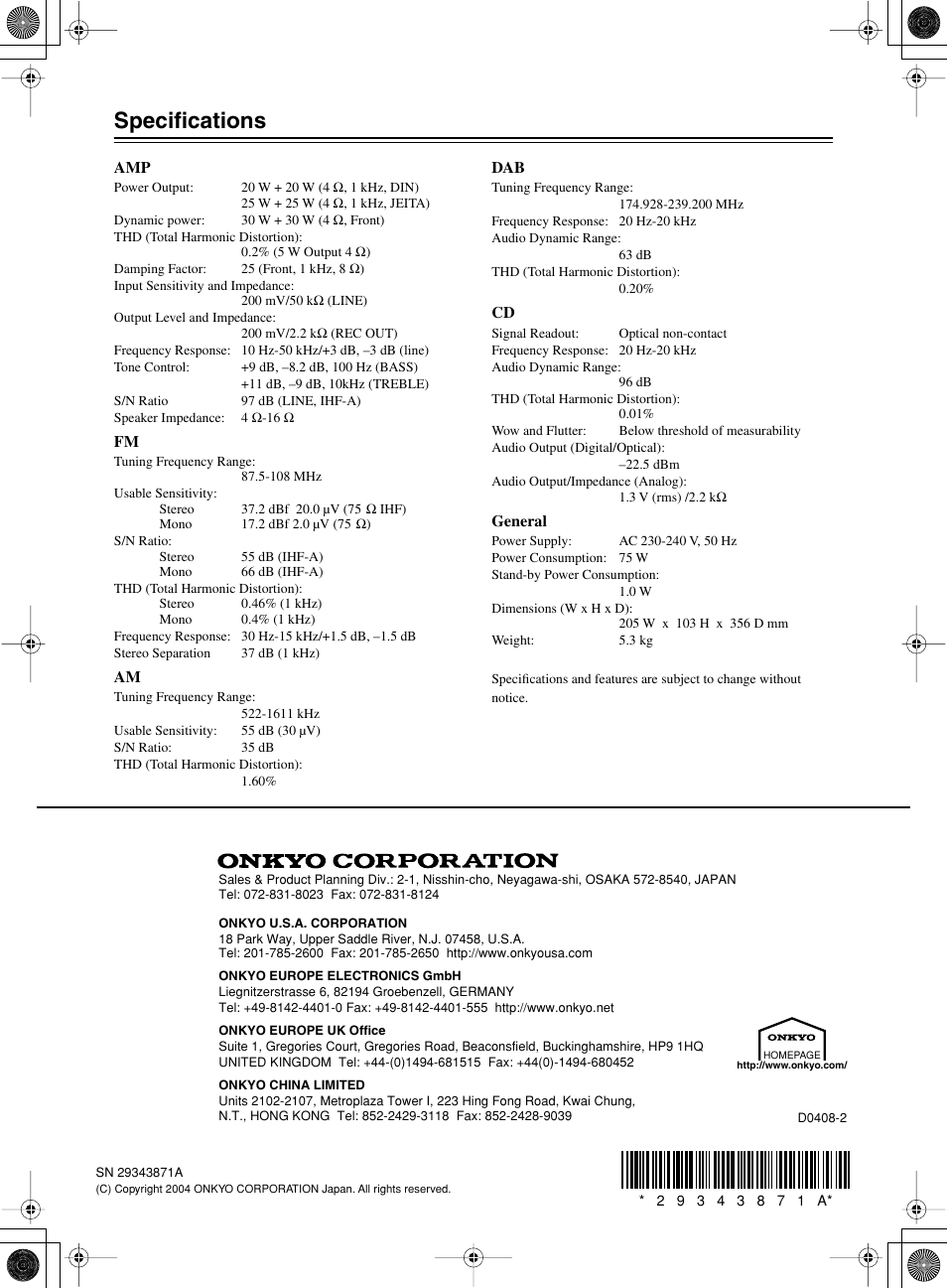 Specifications | Onkyo CR-505DA User Manual | Page 40 / 40