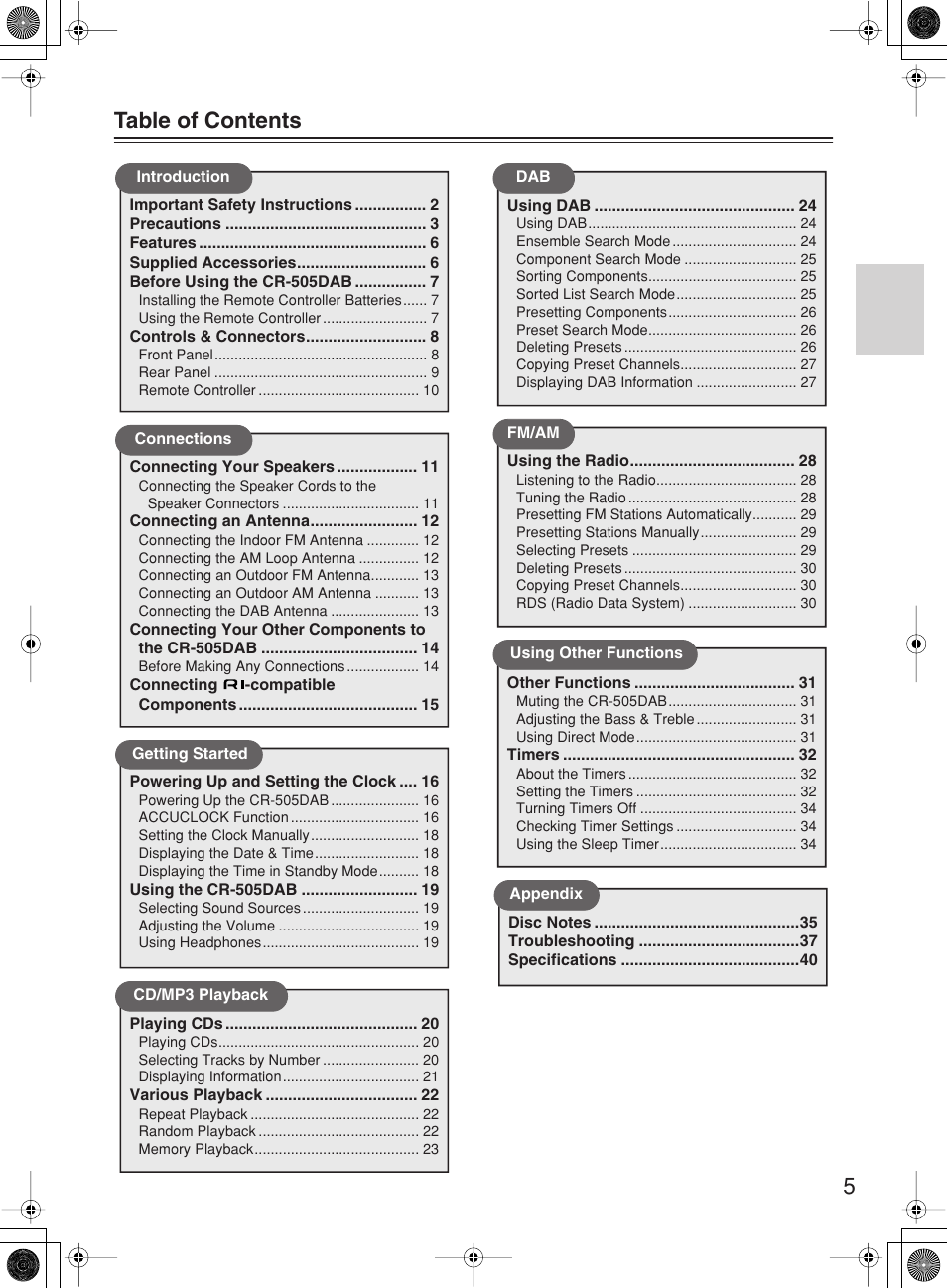 5 table of contents | Onkyo CR-505DA User Manual | Page 5 / 40