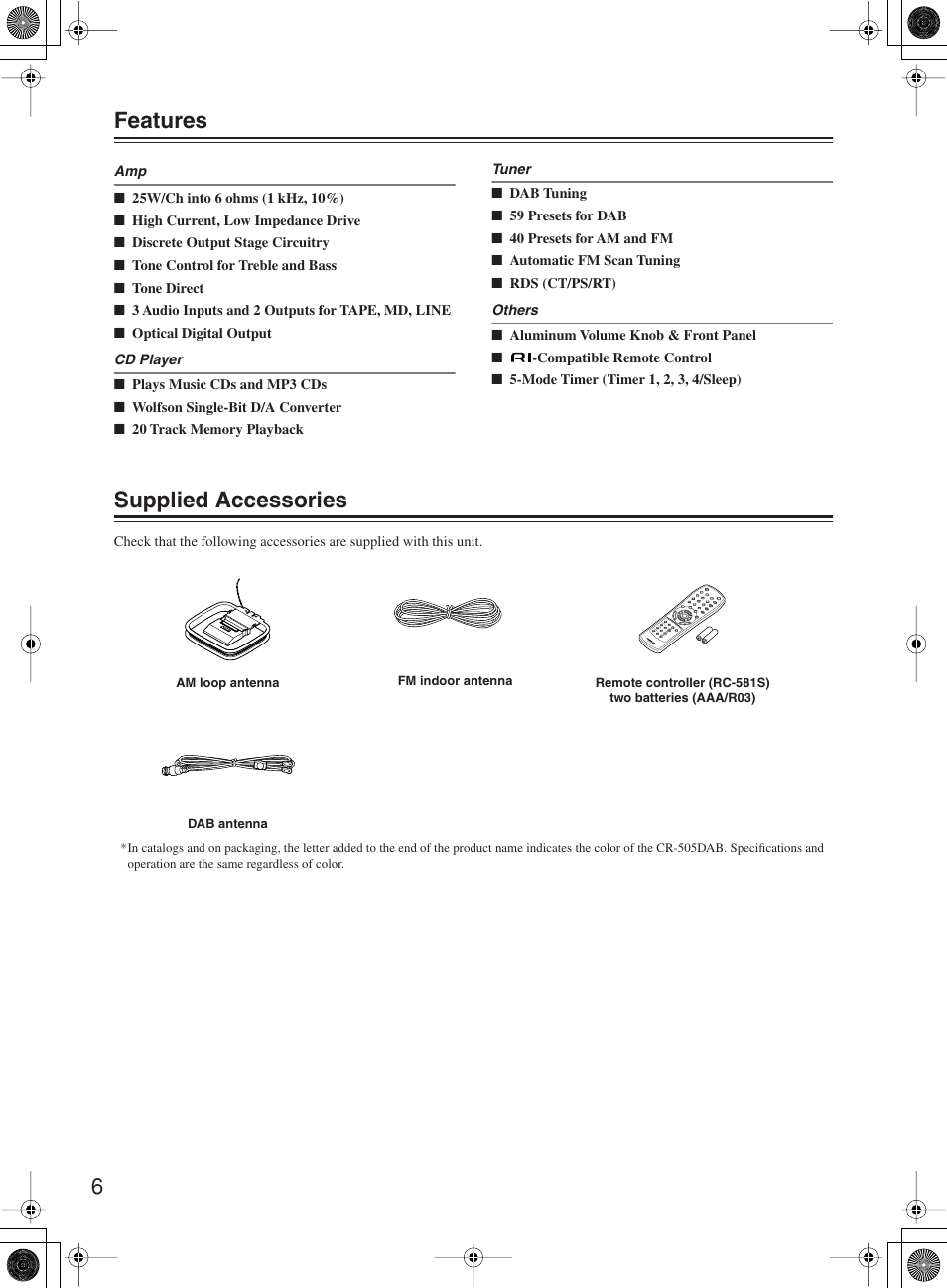 6 features, Supplied accessories | Onkyo CR-505DA User Manual | Page 6 / 40