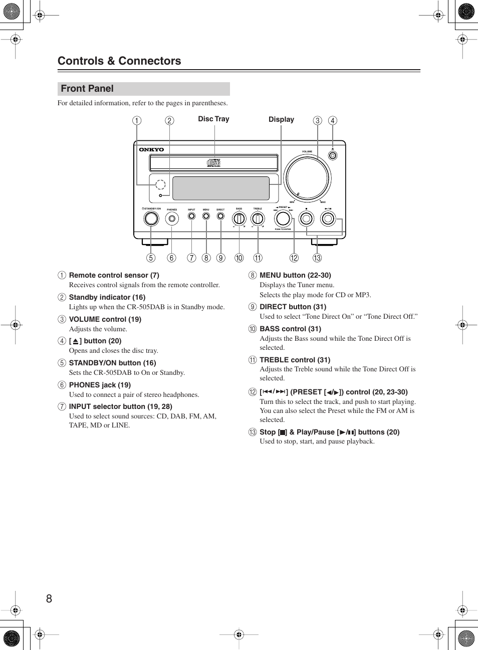 8 controls & connectors, Front panel | Onkyo CR-505DA User Manual | Page 8 / 40