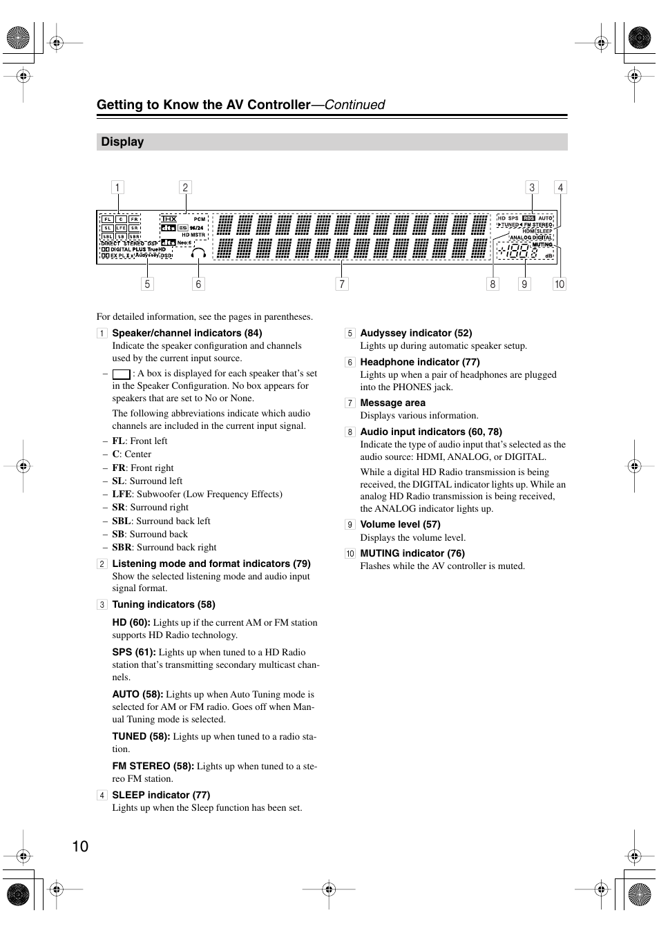 Display, Getting to know the av controller —continued | Onkyo PR-SC885 User Manual | Page 10 / 128