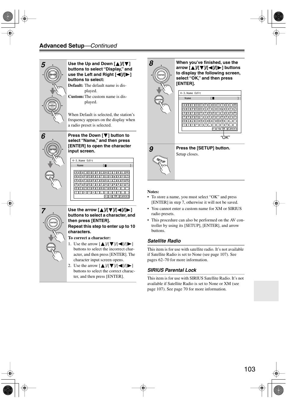 Advanced setup —continued, Satellite radio, Sirius parental lock | Press the [setup] button. setup closes | Onkyo PR-SC885 User Manual | Page 103 / 128