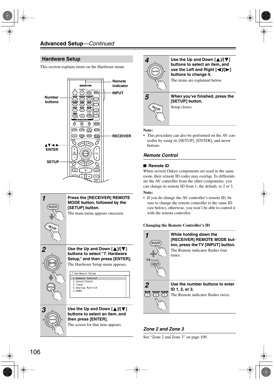 Hardware setup, Advanced setup —continued, Remote control | Zone 2 and zone 3 | Onkyo PR-SC885 User Manual | Page 106 / 128
