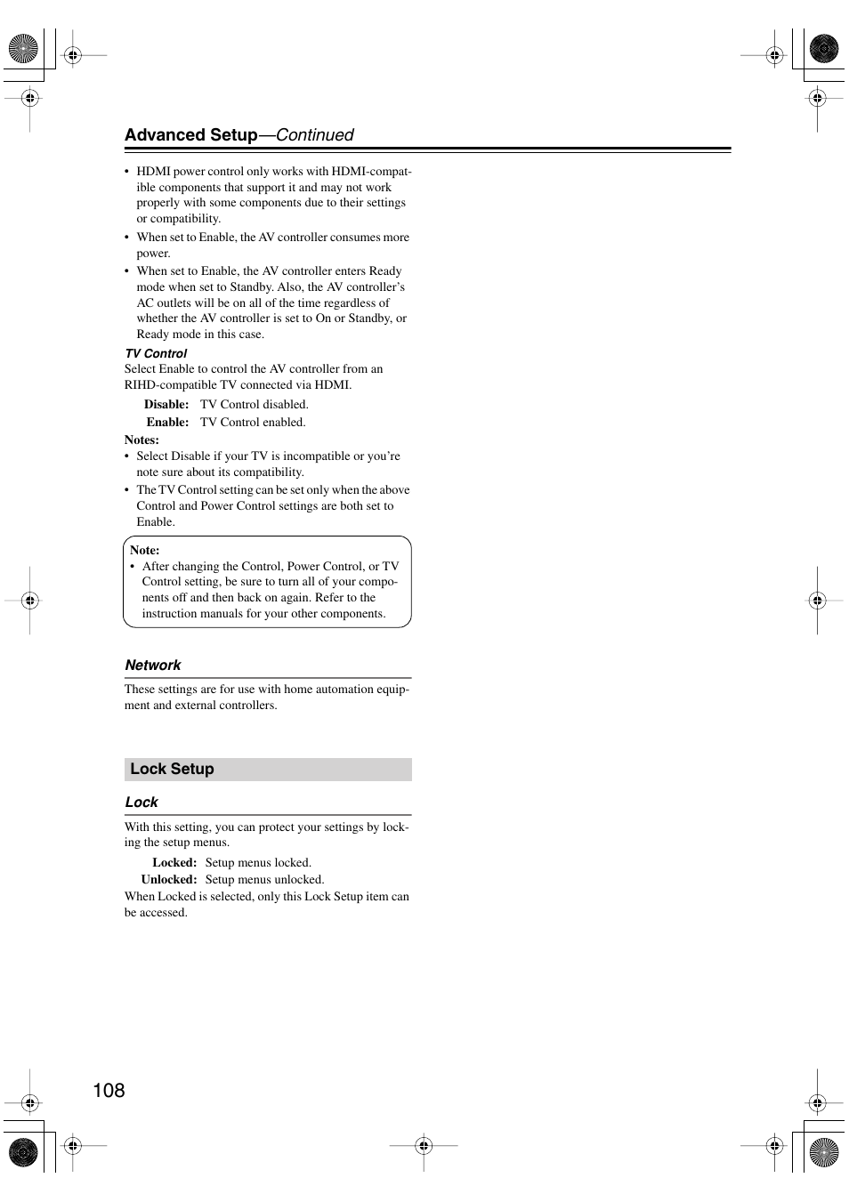 Lock setup, Advanced setup —continued | Onkyo PR-SC885 User Manual | Page 108 / 128