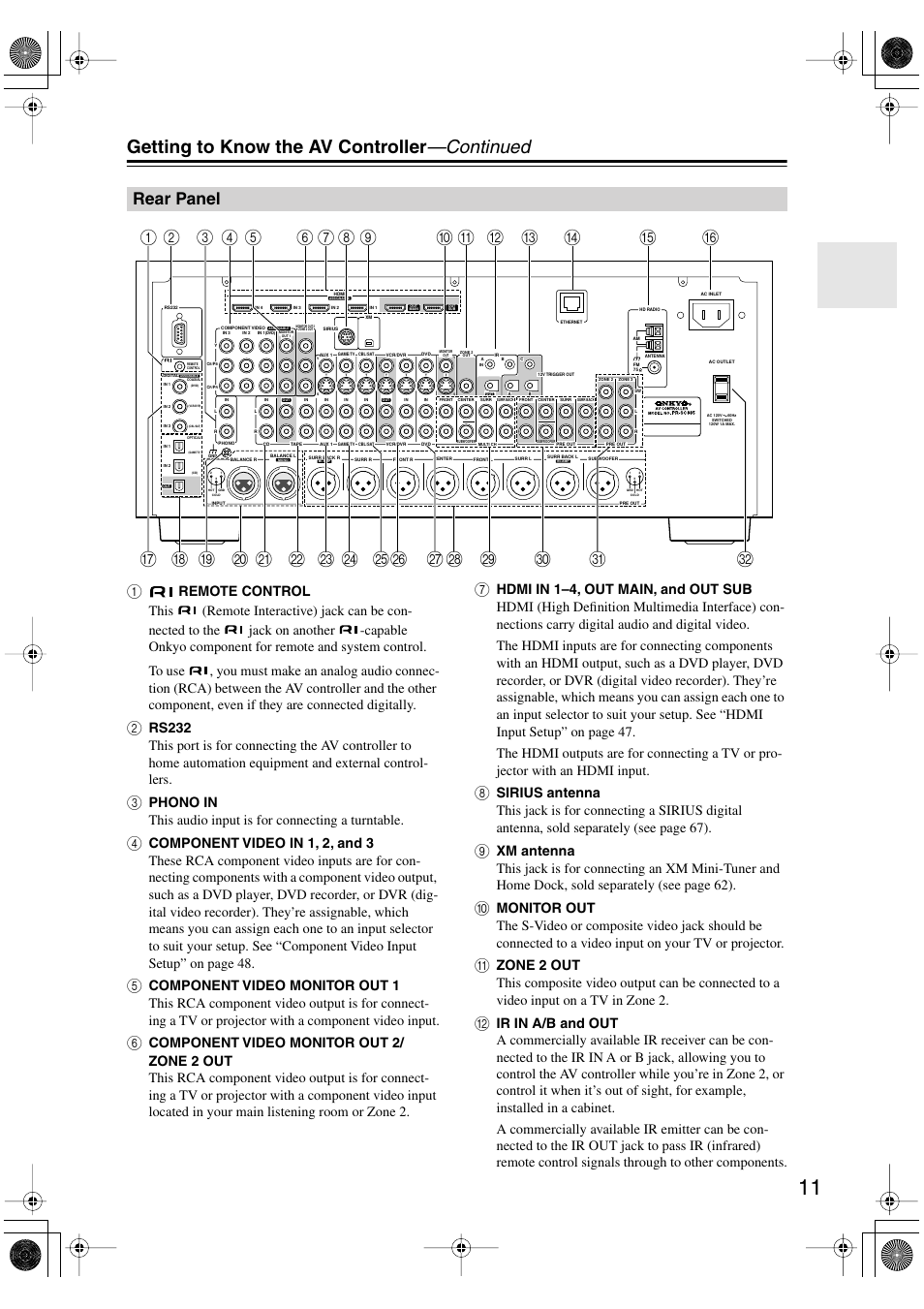 Rear panel, Getting to know the av controller —continued | Onkyo PR-SC885 User Manual | Page 11 / 128