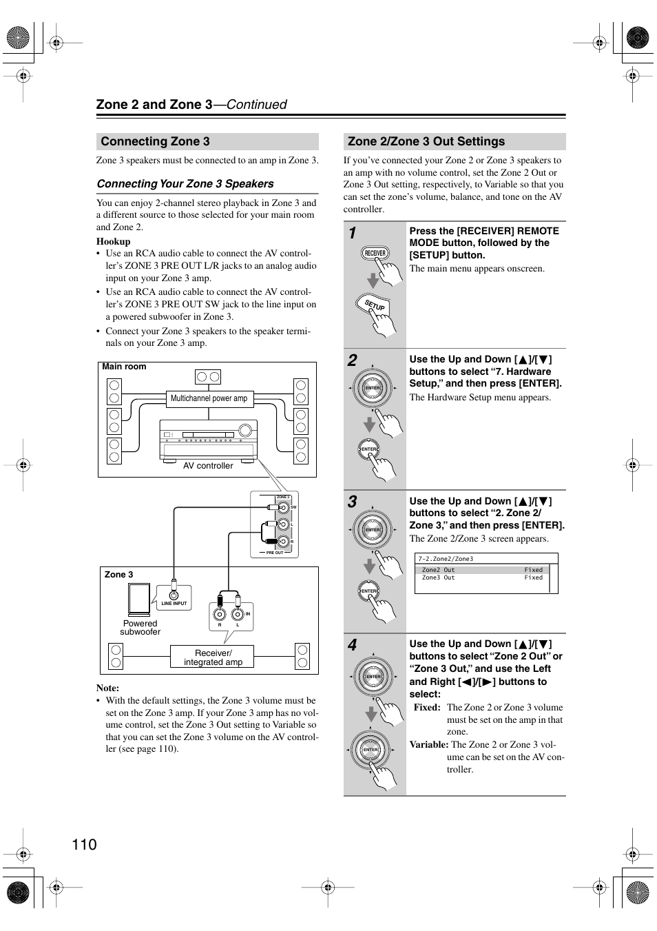 Connecting zone3, Zone2/zone3 out settings, Connecting zone 3 zone 2/zone 3 out settings | Zone 2 and zone 3 —continued | Onkyo PR-SC885 User Manual | Page 110 / 128