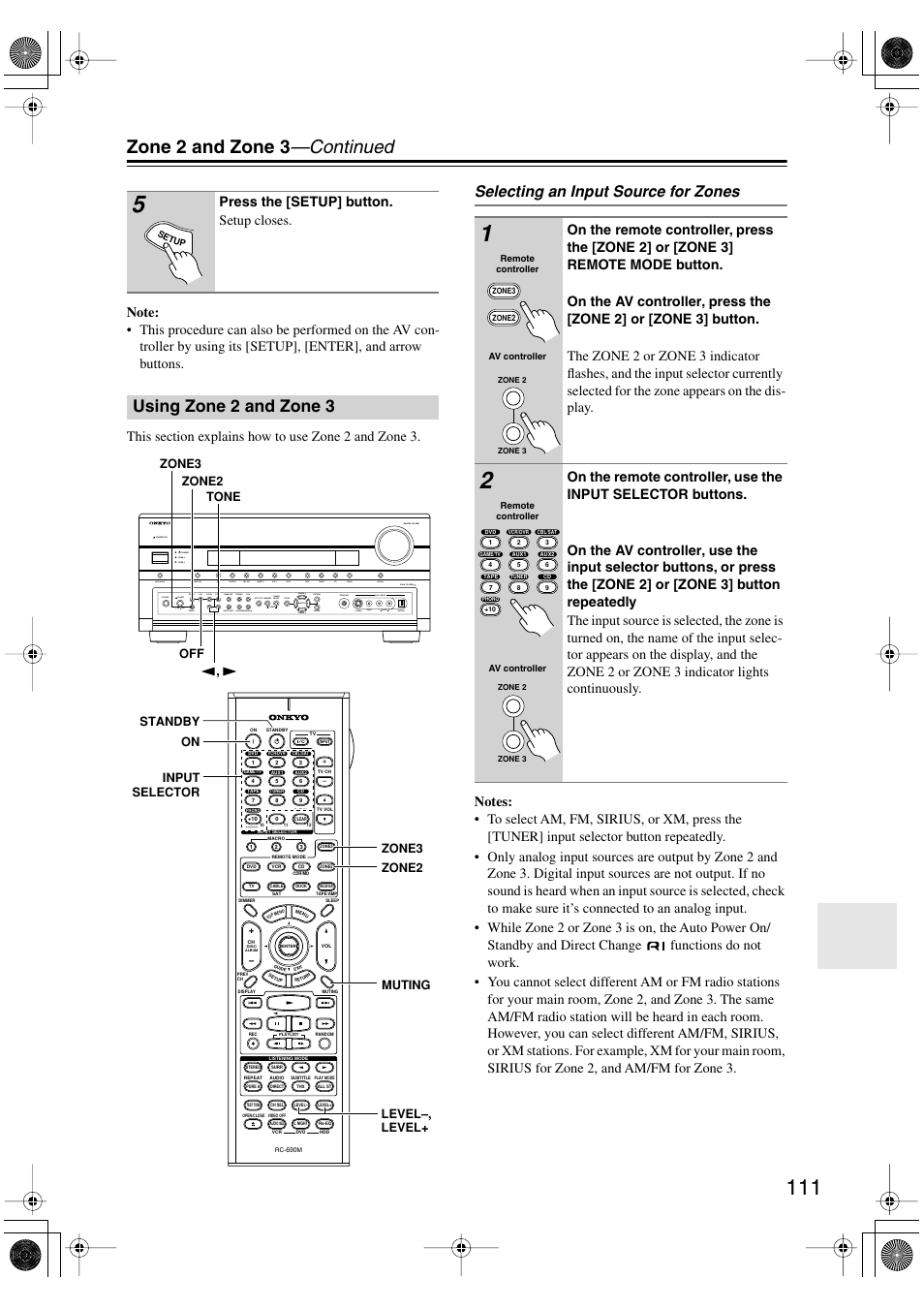 Using zone 2 and zone3, Using zone 2 and zone 3, Zone 2 indicator (111) | Zone 3 indicator (111), Zone 2 and zone 3 —continued, Selecting an input source for zones, Press the [setup] button. setup closes | Onkyo PR-SC885 User Manual | Page 111 / 128