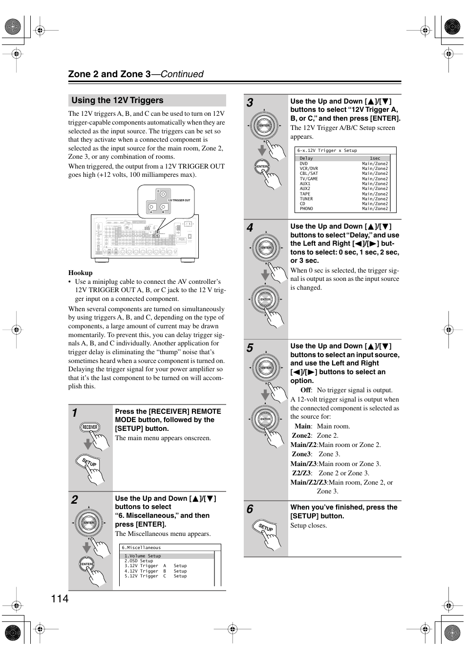 Using the 12v triggers, Zone 2 and zone 3 —continued | Onkyo PR-SC885 User Manual | Page 114 / 128