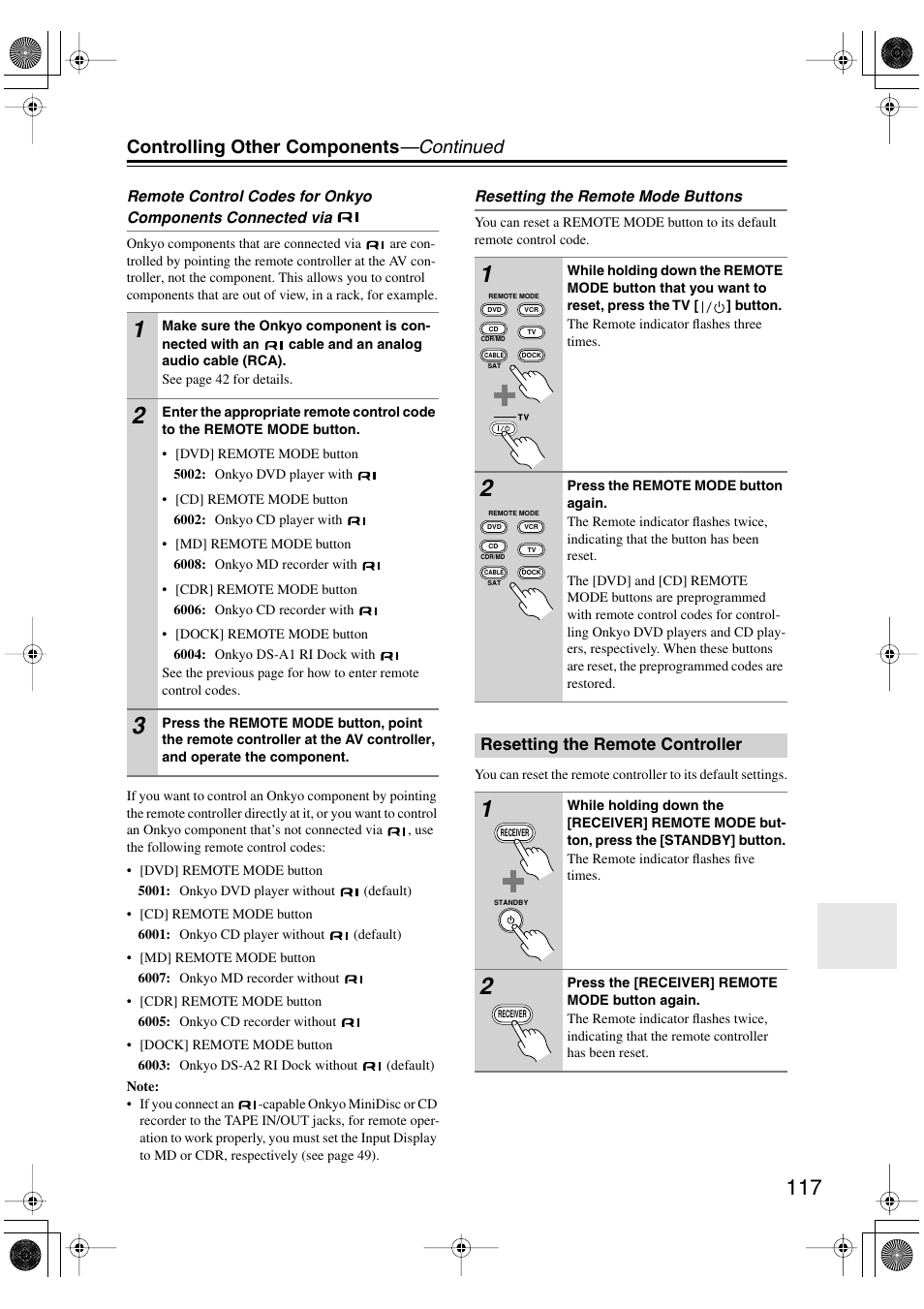 Resetting the remote controller, Controlling other components —continued | Onkyo PR-SC885 User Manual | Page 117 / 128