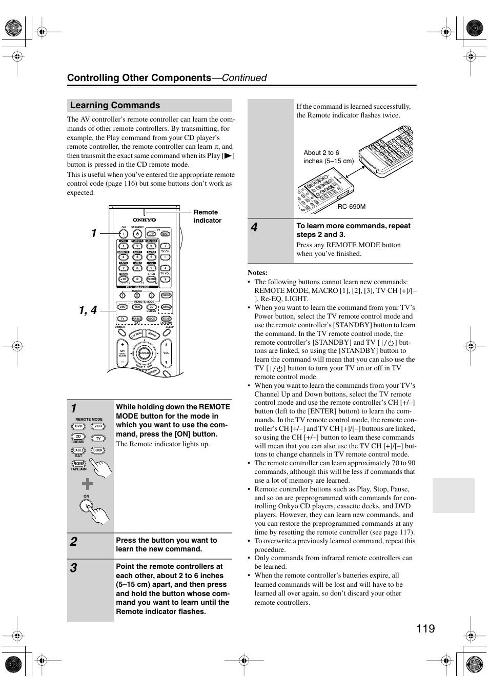 Learning commands, Controlling other components —continued, Press the button you want to learn the new command | Remote indicator | Onkyo PR-SC885 User Manual | Page 119 / 128
