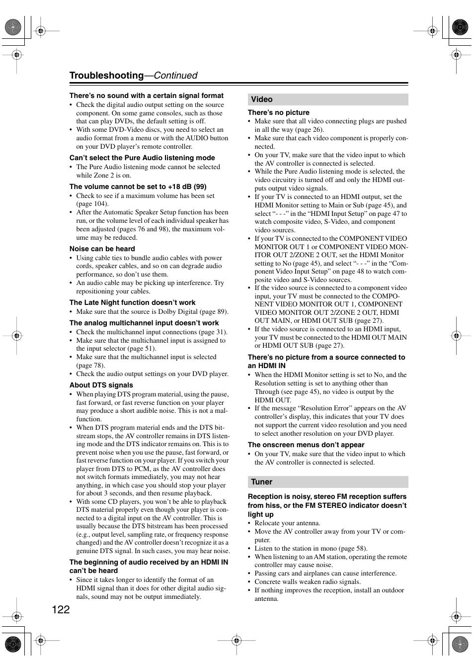 Troubleshooting —continued | Onkyo PR-SC885 User Manual | Page 122 / 128