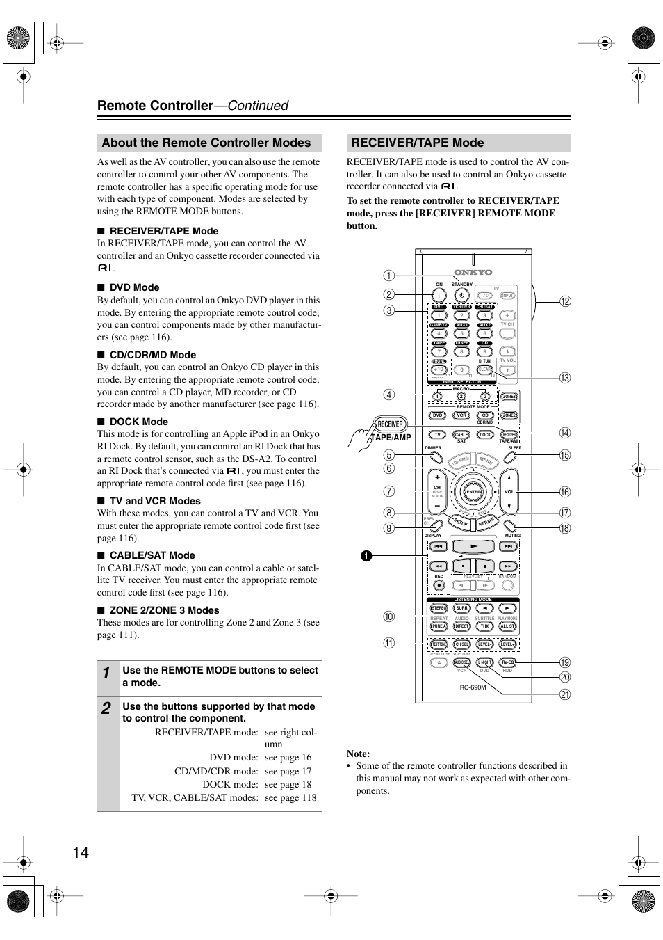 About the remote controller modes, Receiver/tape mode, Remote controller —continued | Use the remote mode buttons to select a mode | Onkyo PR-SC885 User Manual | Page 14 / 128