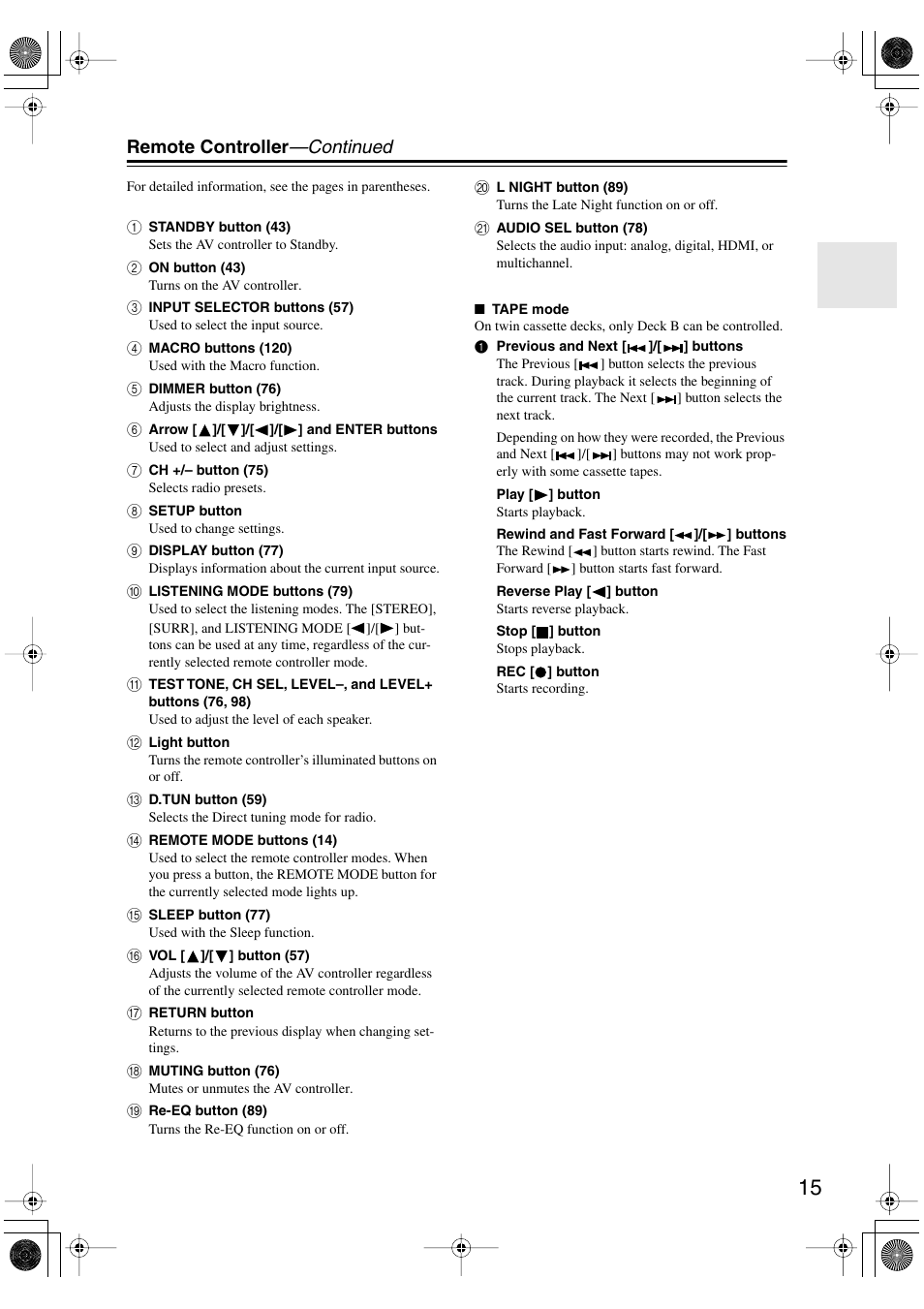 Remote controller —continued | Onkyo PR-SC885 User Manual | Page 15 / 128
