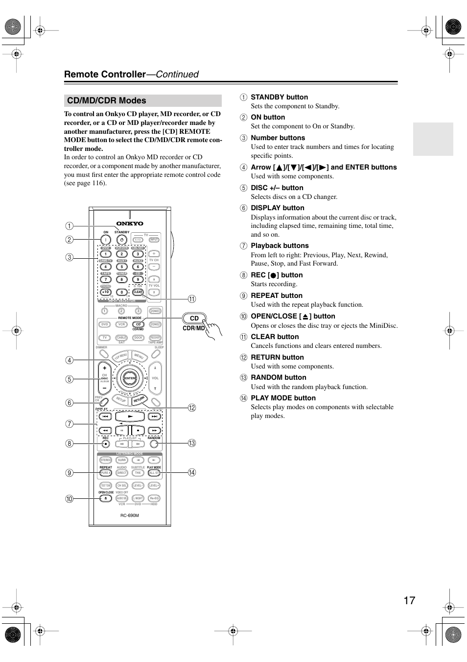 Cd/md/cdr modes, Remote controller —continued | Onkyo PR-SC885 User Manual | Page 17 / 128