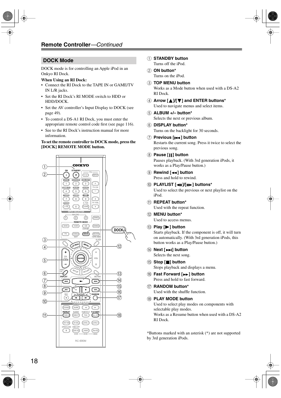 Dock mode, Remote controller —continued | Onkyo PR-SC885 User Manual | Page 18 / 128
