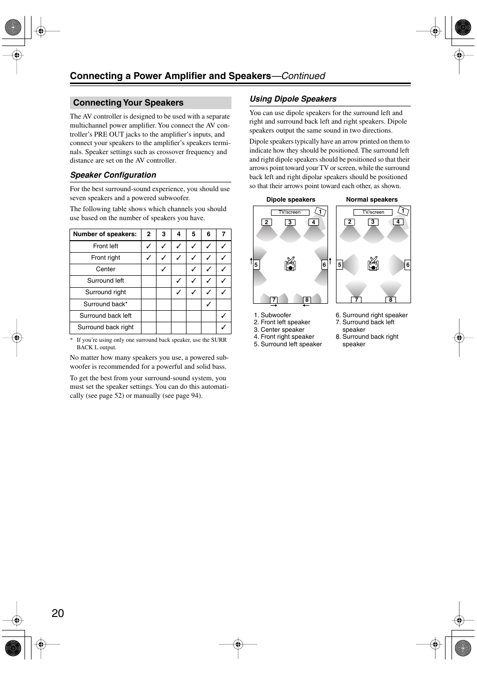 Connecting your speakers | Onkyo PR-SC885 User Manual | Page 20 / 128