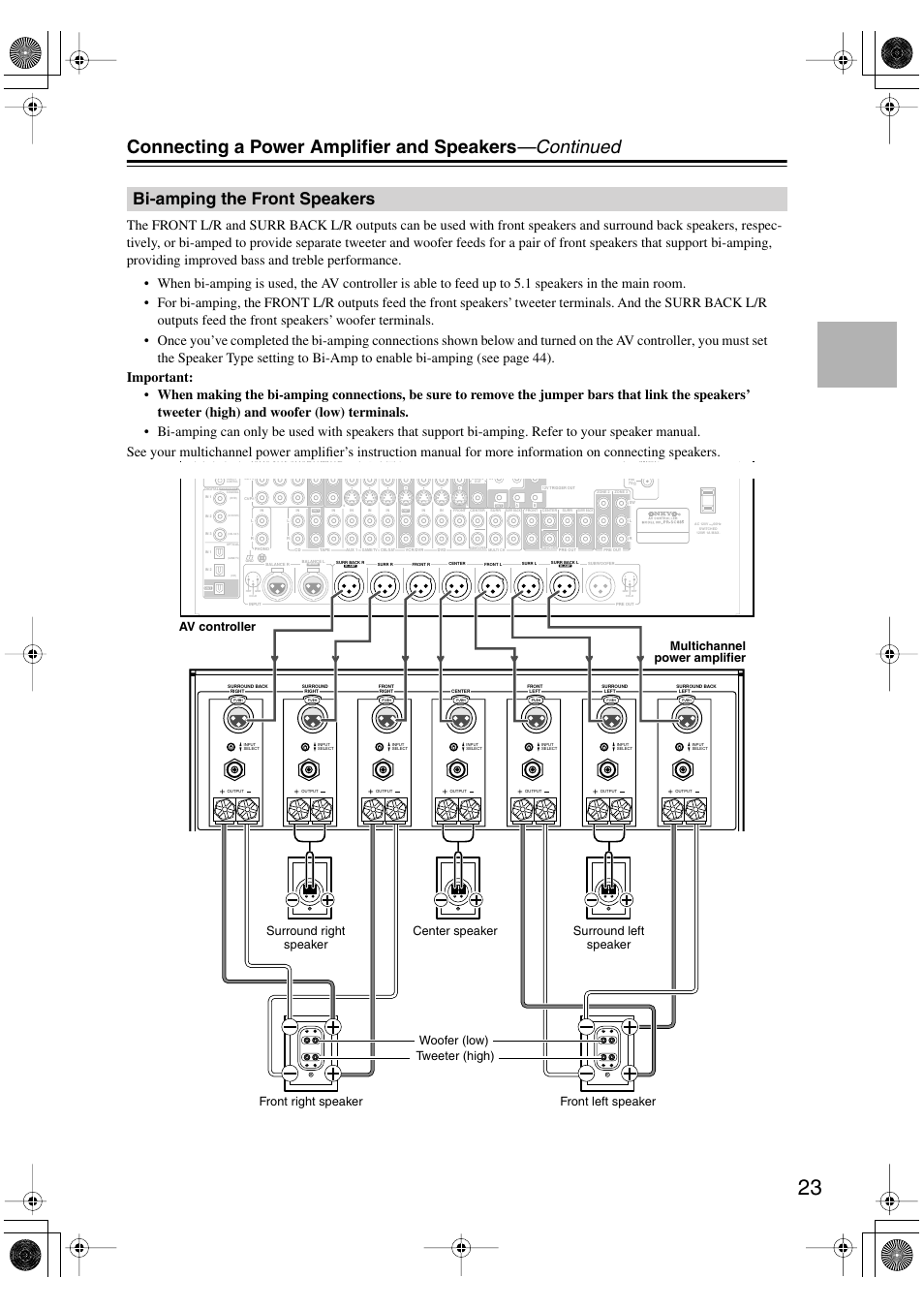 Bi-amping the front speakers | Onkyo PR-SC885 User Manual | Page 23 / 128