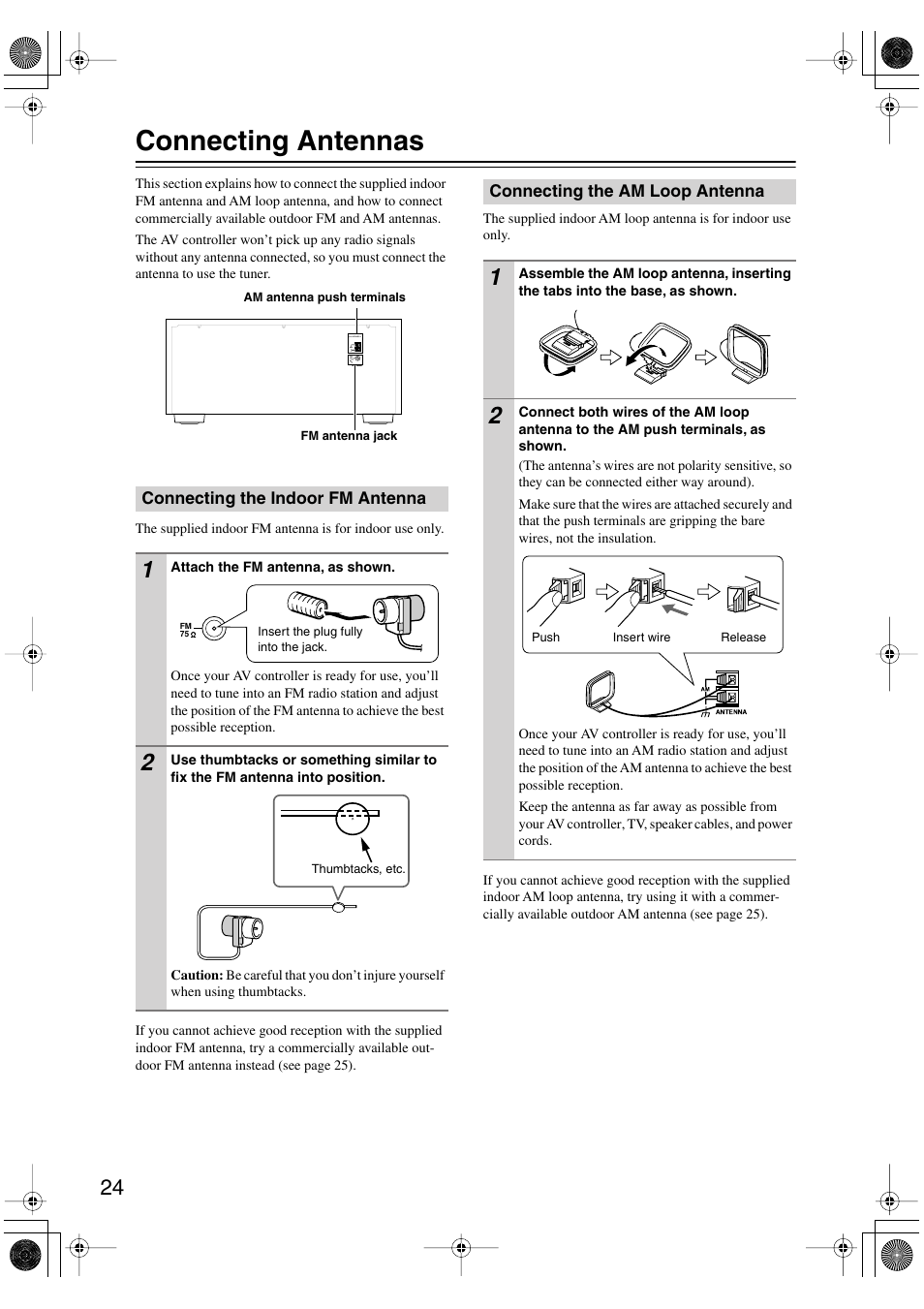 Connecting antennas, Connecting the indoor fm antenna, Connecting the am loop antenna | Onkyo PR-SC885 User Manual | Page 24 / 128