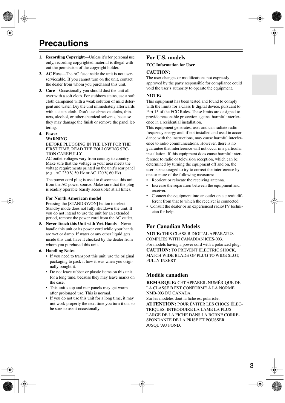 Precautions, For u.s. models, For canadian models | Modèle canadien | Onkyo PR-SC885 User Manual | Page 3 / 128