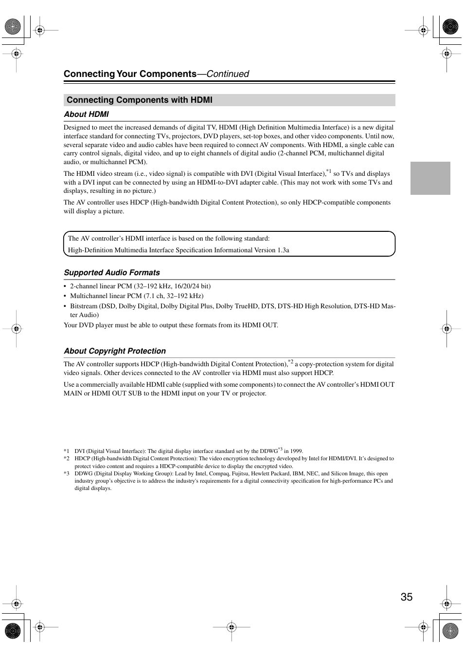 Connecting components with hdmi, Connecting your components —continued | Onkyo PR-SC885 User Manual | Page 35 / 128
