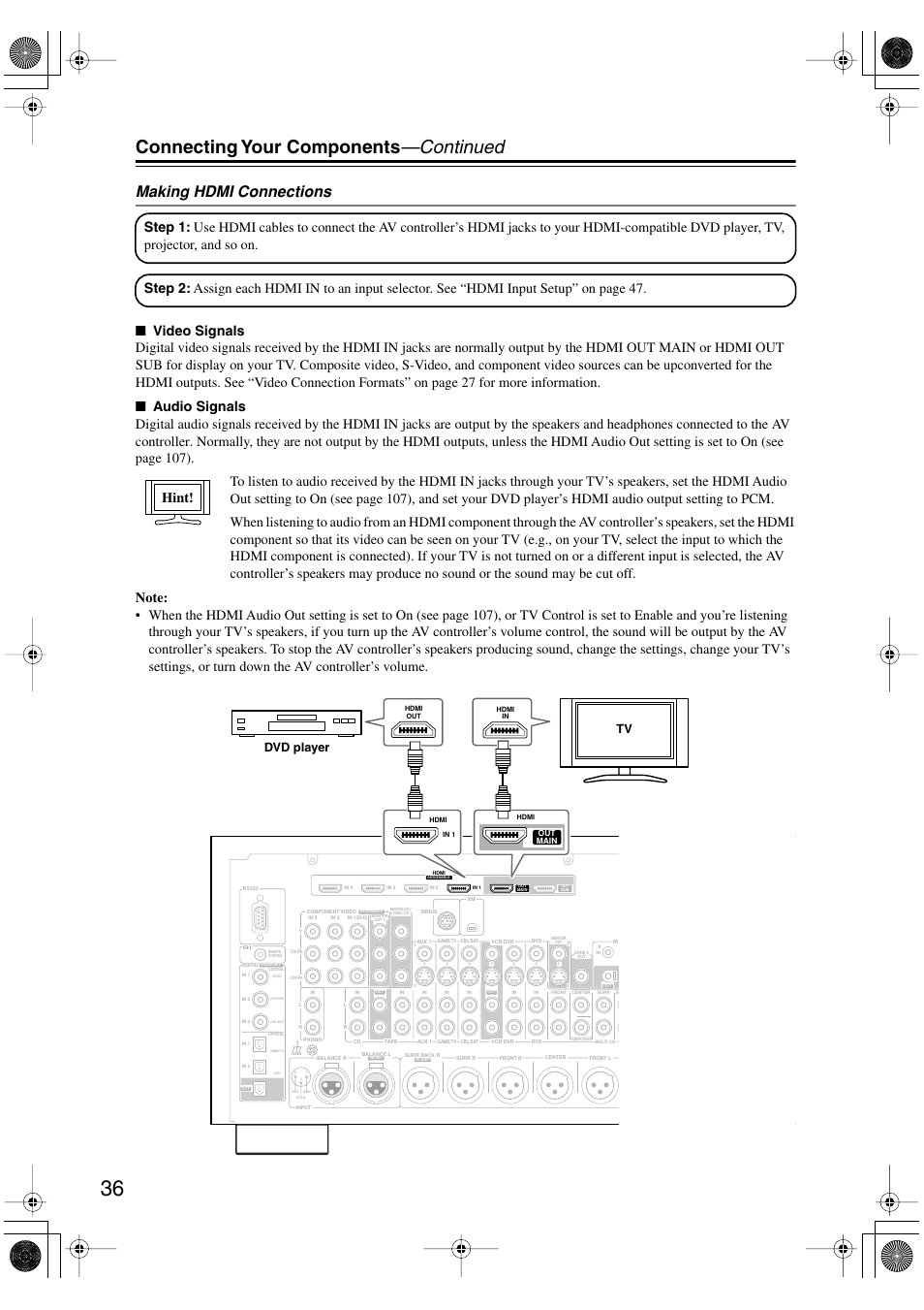 Connecting your components —continued, Making hdmi connections, Tv dvd player | Onkyo PR-SC885 User Manual | Page 36 / 128