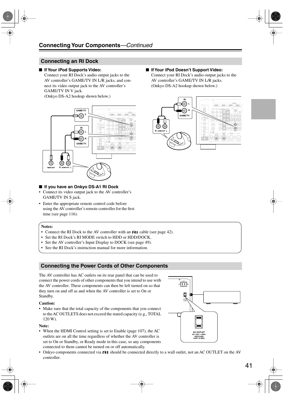 Connecting an ri dock, Connecting the power cords of other components, Connecting your components —continued | Cold hot gnd 1 2 3, Bi-amp mono | Onkyo PR-SC885 User Manual | Page 41 / 128