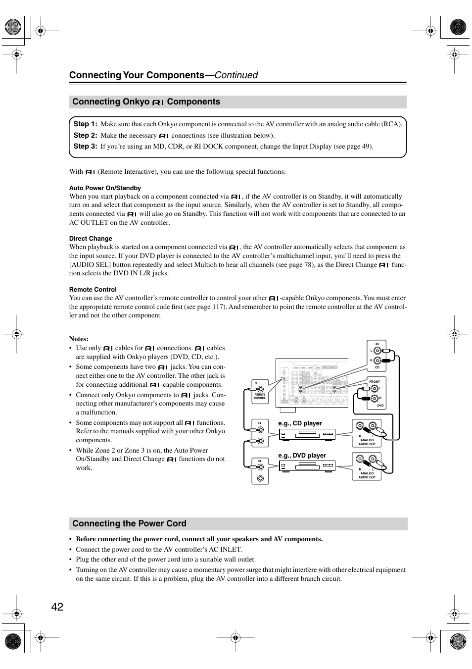 Connecting onkyo components, Connecting the power cord, Connecting onkyo | Connecting your components —continued | Onkyo PR-SC885 User Manual | Page 42 / 128