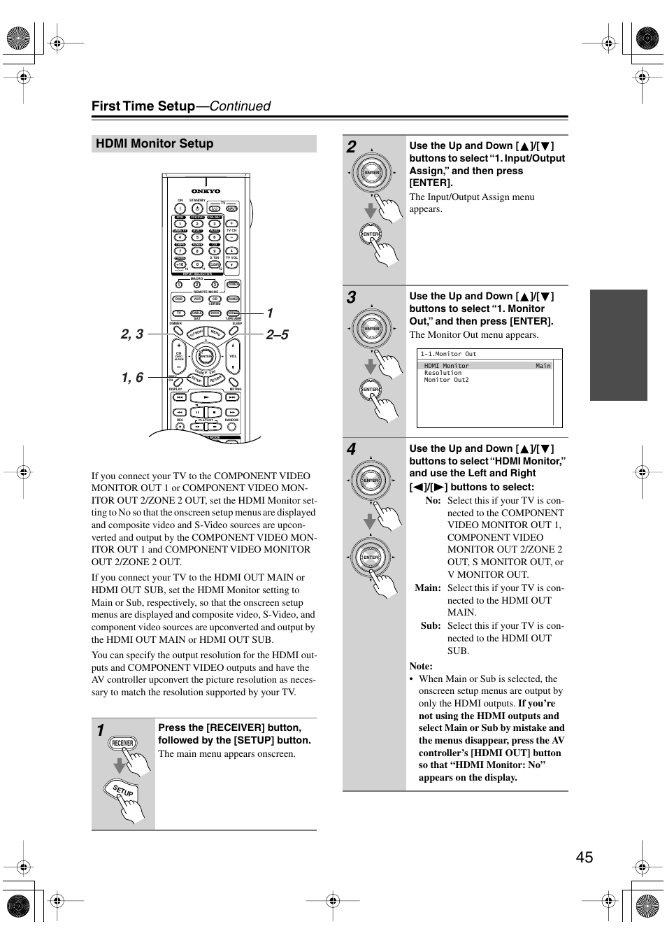 Hdmi monitor setup, First time setup —continued | Onkyo PR-SC885 User Manual | Page 45 / 128