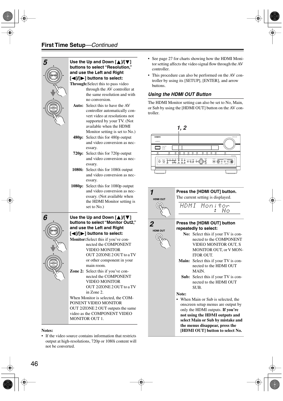 Hdmi out (46), First time setup —continued | Onkyo PR-SC885 User Manual | Page 46 / 128