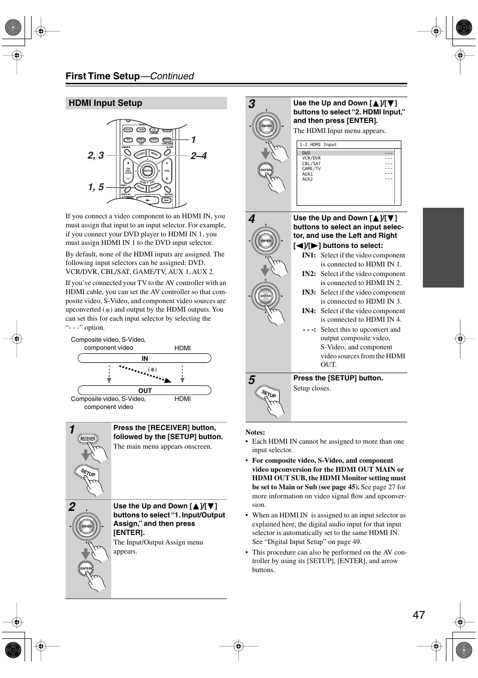 Hdmi input setup, First time setup —continued | Onkyo PR-SC885 User Manual | Page 47 / 128