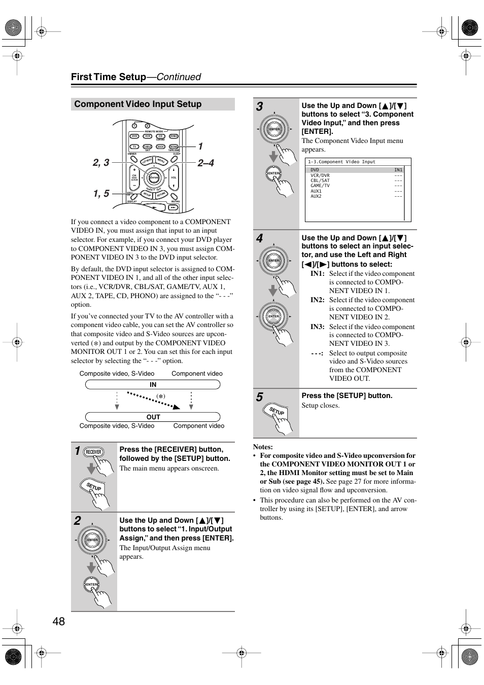 Component video input setup, First time setup —continued | Onkyo PR-SC885 User Manual | Page 48 / 128