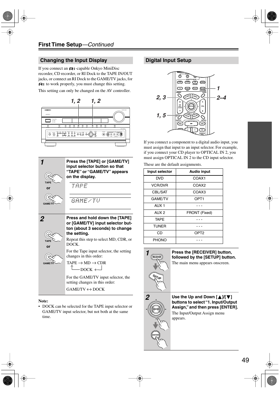 Changing the input display, Digital input setup, Changing the input display digital input setup | First time setup —continued | Onkyo PR-SC885 User Manual | Page 49 / 128