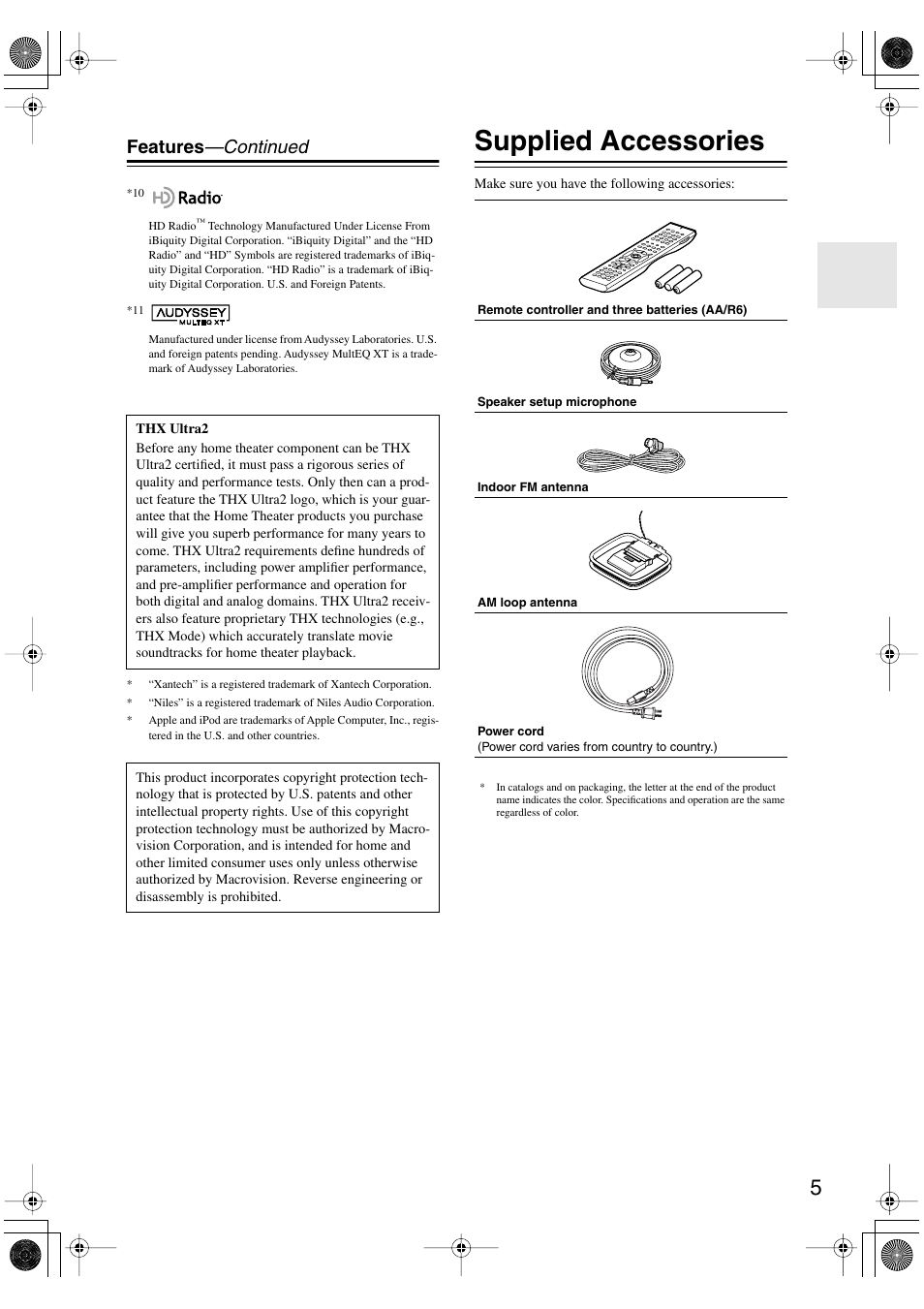 Supplied accessories, Features —continued | Onkyo PR-SC885 User Manual | Page 5 / 128