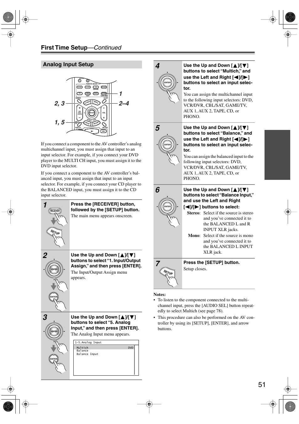 Analog input setup, First time setup —continued | Onkyo PR-SC885 User Manual | Page 51 / 128