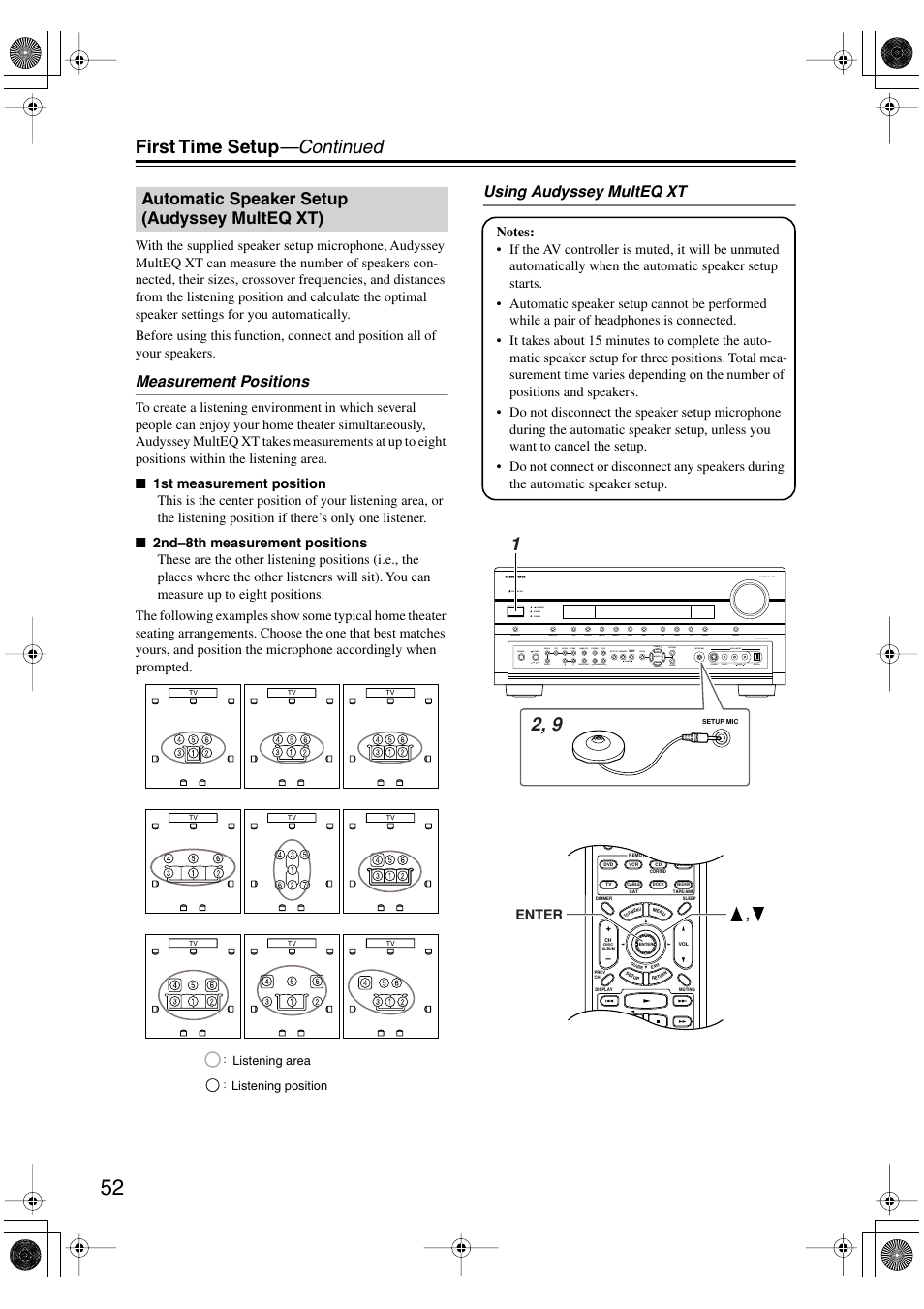 Automatic speaker setup (audysseymulteq xt), Automatic speaker setup (audyssey multeq xt), Setup mic (52) | Y indicator (52), First time setup —continued, Measurement positions, Using audyssey multeq xt | Onkyo PR-SC885 User Manual | Page 52 / 128