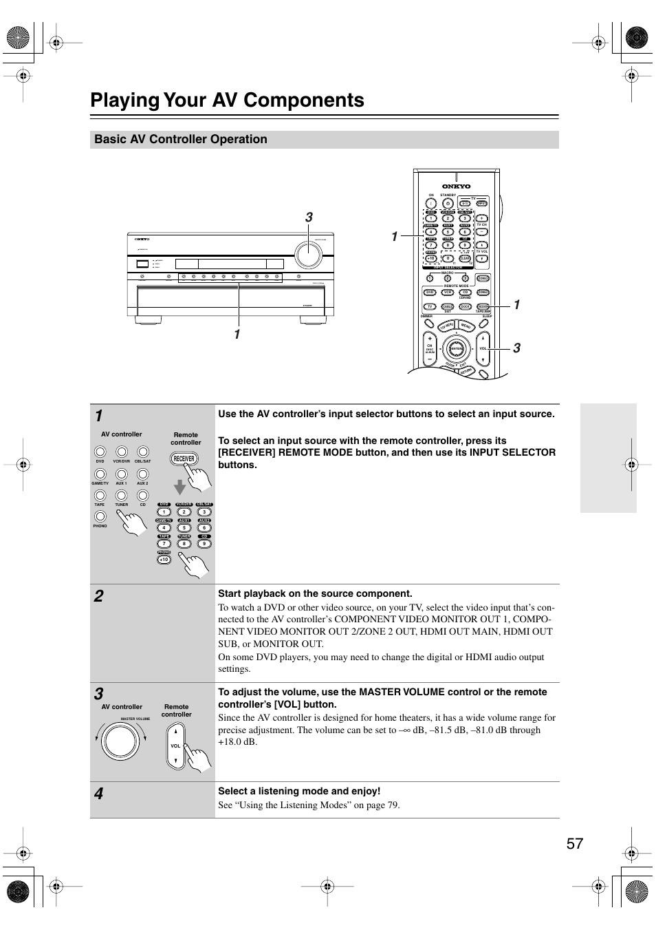 Playing your av components, Basic av controller operation, Ol (57) | Uttons (57), Vel (57), Utton (57) | Onkyo PR-SC885 User Manual | Page 57 / 128