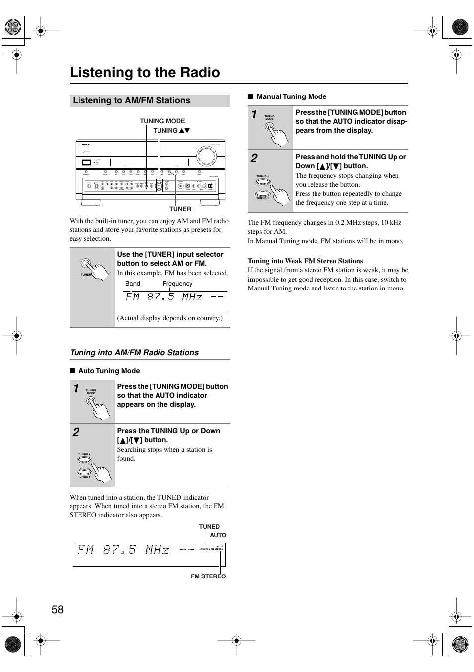 Listening to the radio, Listening to am/fm stations, Utton (58) | S (58), Tuned (58), Fm stereo (58) | Onkyo PR-SC885 User Manual | Page 58 / 128