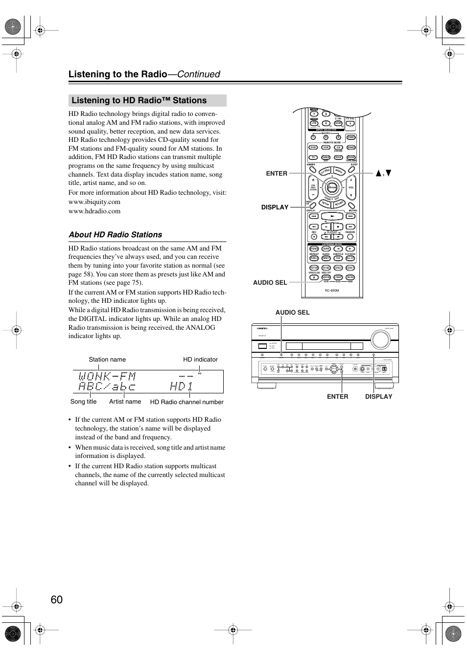 Listening to hd radio™ stations, Hd (60), S (60 | Listening to the radio —continued, About hd radio stations | Onkyo PR-SC885 User Manual | Page 60 / 128