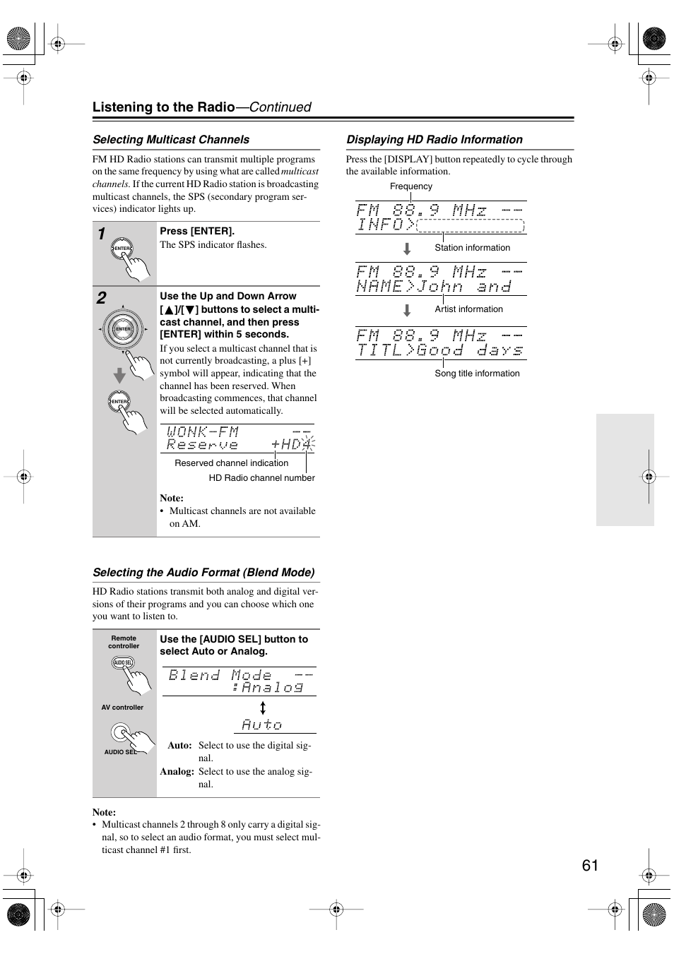 Sps (61), Listening to the radio —continued | Onkyo PR-SC885 User Manual | Page 61 / 128