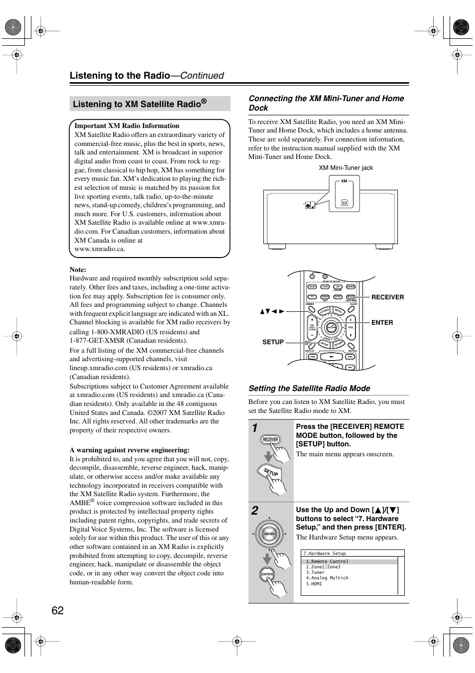 Listening to xm satellite radio, Listening to the radio —continued, Connecting the xm mini-tuner and home dock | Setting the satellite radio mode | Onkyo PR-SC885 User Manual | Page 62 / 128