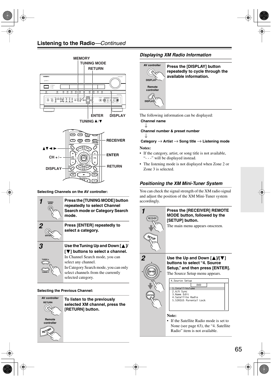 Listening to the radio —continued, Displaying xm radio information, Positioning the xm mini-tuner system | Onkyo PR-SC885 User Manual | Page 65 / 128